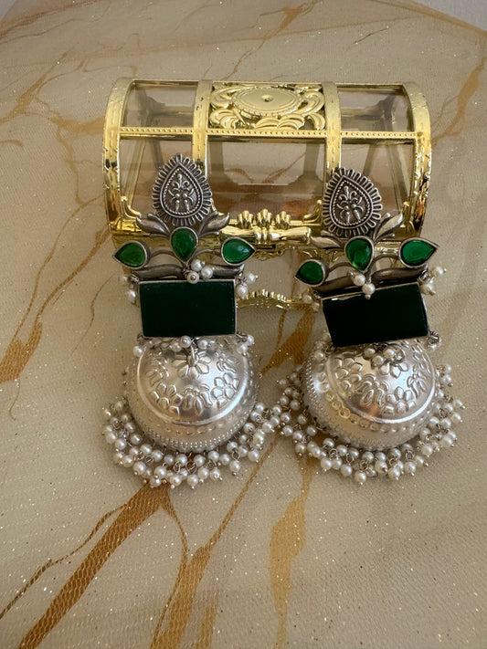 Leaf Green Silver Jhumkies